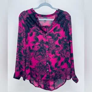 Worthington Pink Black Print Long Sleeve Button Down blouse Top Size M Petite